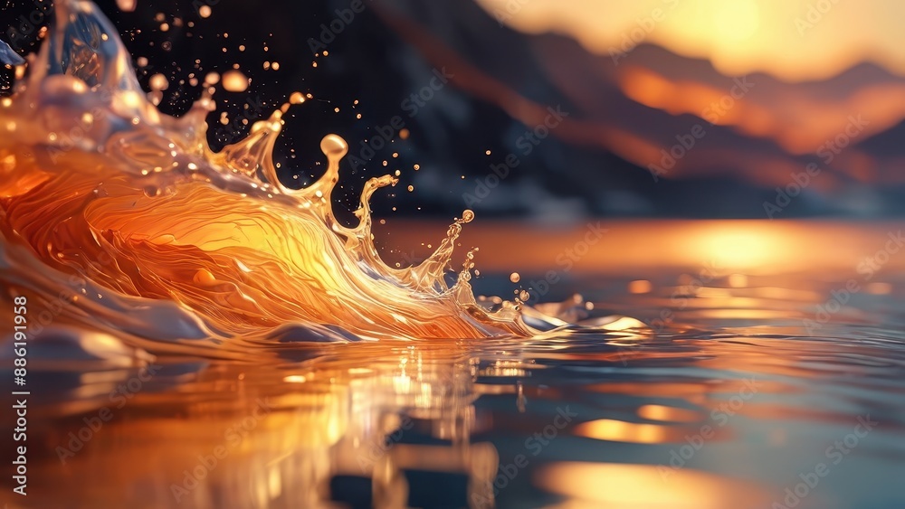 Sticker golden water splash at sunset.