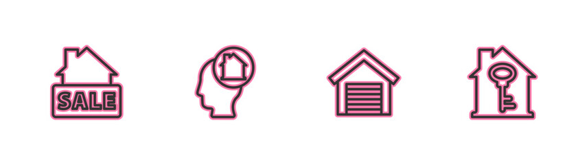 Set line Hanging sign with Sale, Garage, Man dreaming about buying house and House key icon. Vector