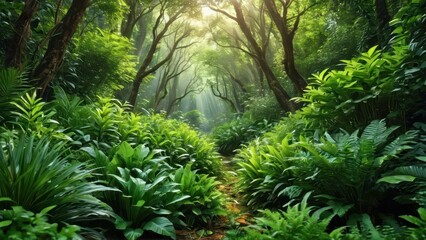 Fototapeta premium Sunbeams Through Lush Rainforest.