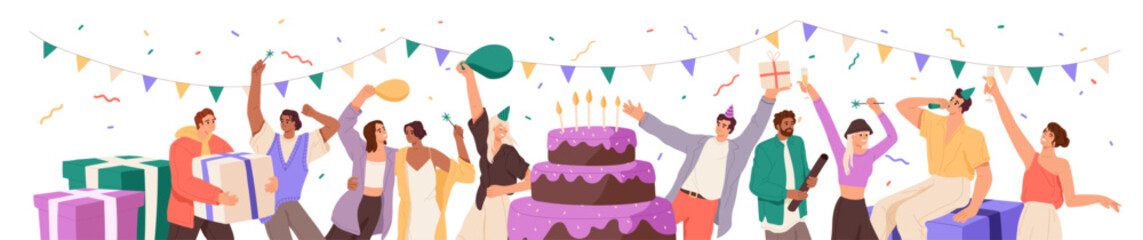 People are at birthday party banner. Happy friends celebrate anniversary, hug for joy. Holiday congratulation with festive cake, gifts, confetti, balloons. Flat isolated vector illustration on white