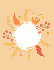 Naive background with circular frame. Autumn banner and invitation template with leaves, flower and border and copy space. Vector hand drawn illustration.
