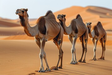 Camels walking in the desert in single file