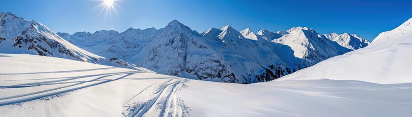 Scenic panoramic view of snowy mountain peaks under a clear blue sky with ski tracks in the foreground. Perfect winter landscape.