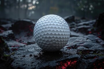 Golf ball resting on a lava rock surface with a dark background