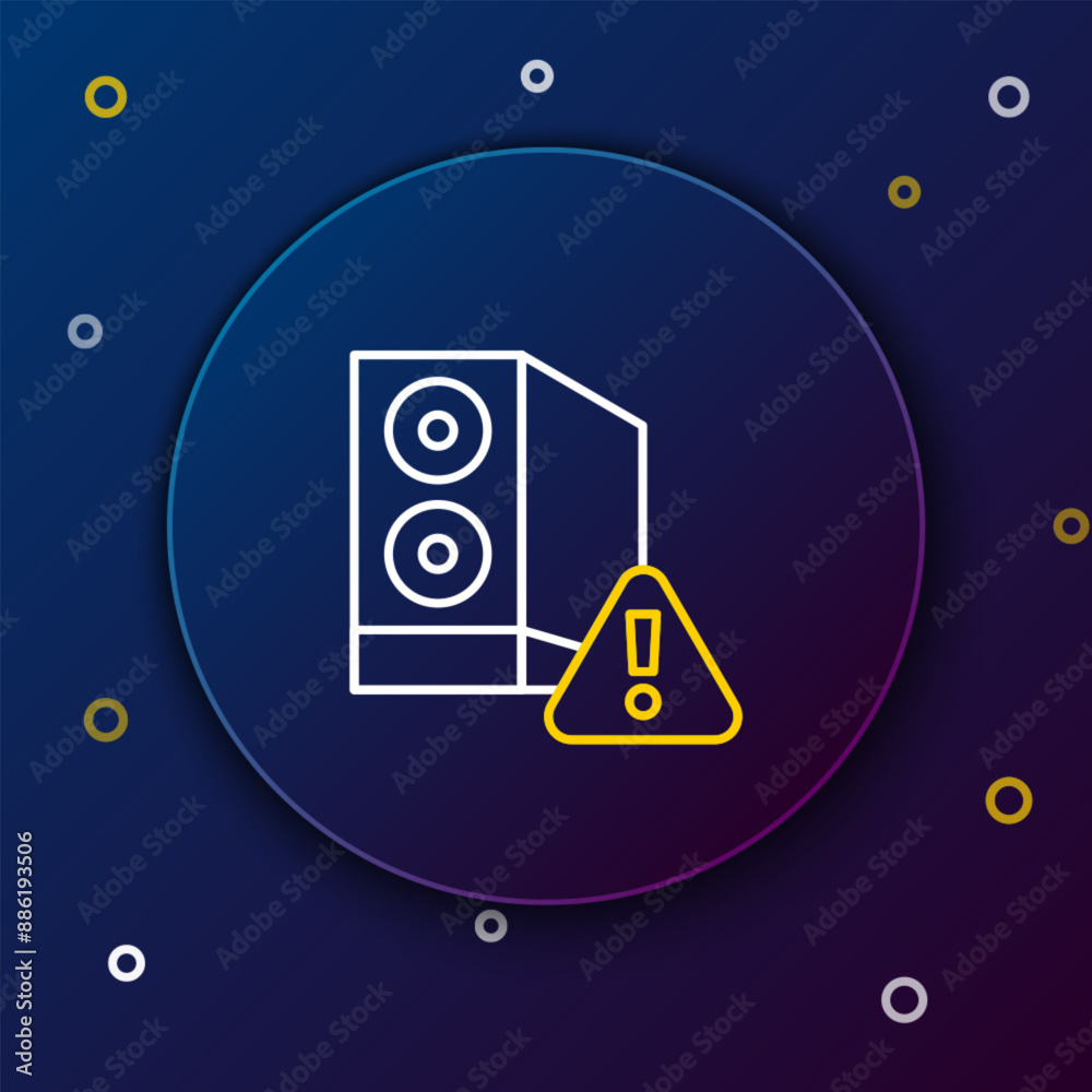 Poster line case of computer with exclamation mark icon isolated on blue background. computer server. works