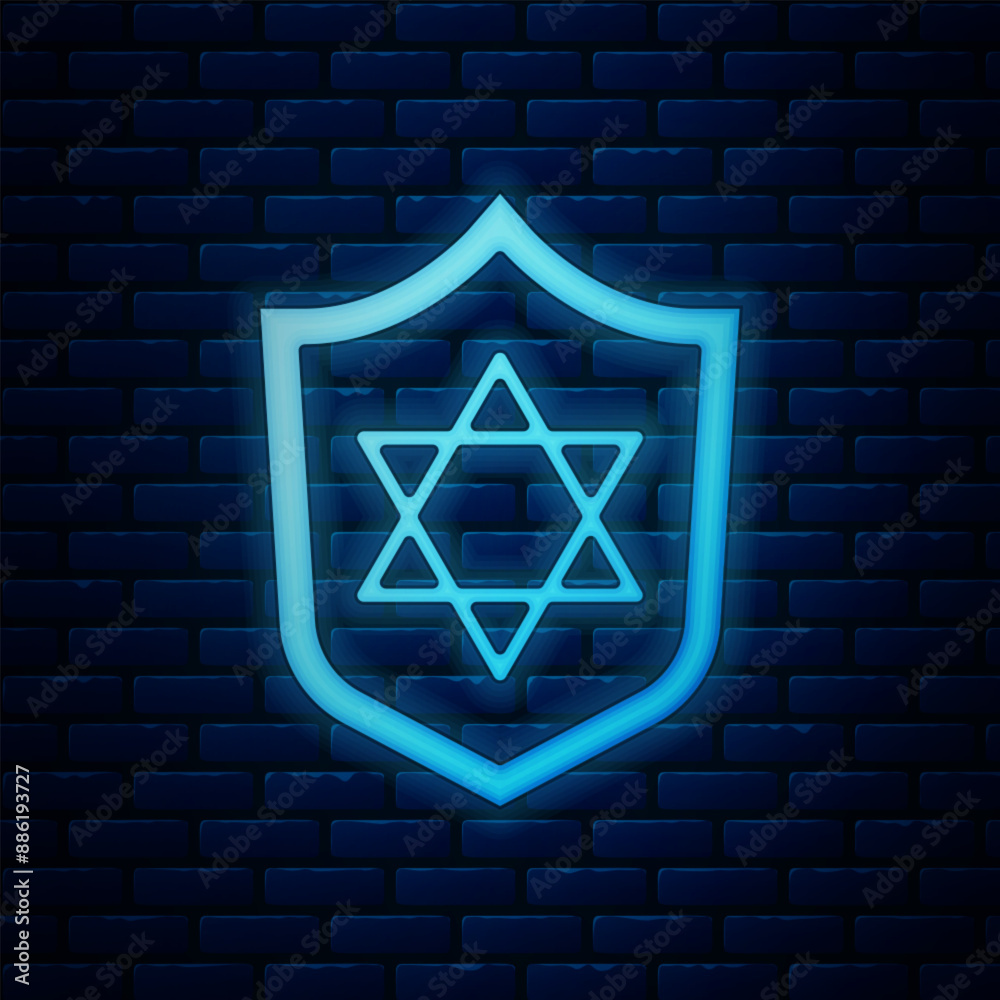 Canvas Prints Glowing neon Shield with Star of David icon isolated on brick wall background. Jewish religion symbol. Symbol of Israel. Vector