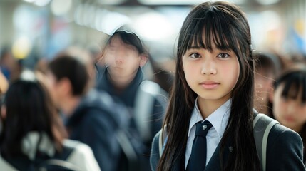 Portrait of a Japanese Schoolgirl in a Crowded Station
