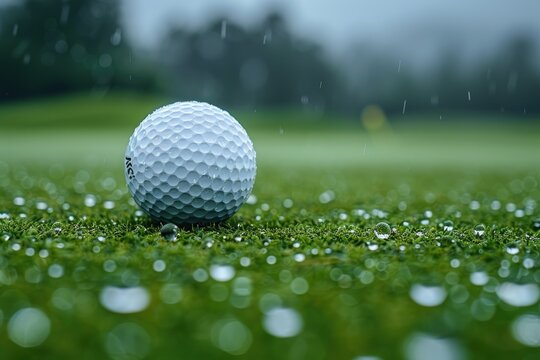 Closeup of a golf ball on wet green grass during rain with blurred background