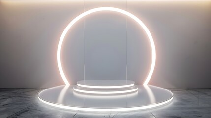White neon light product background stage on glass floor with clear spotlight, in minimalistic style