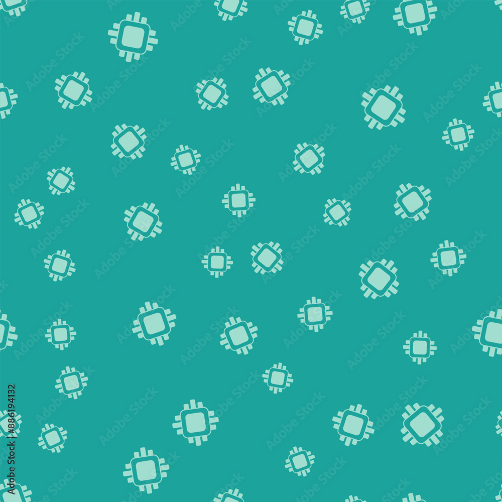 Poster green computer processor with microcircuits cpu icon isolated seamless pattern on green background. 