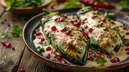 Festive Chiles en Nogada with Creamy Walnut Sauce and Pomegranate Seeds - Wide Shot