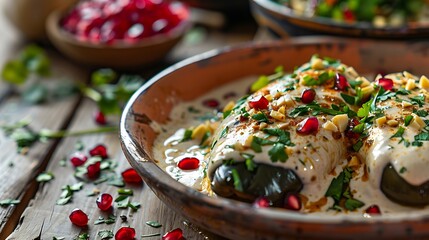 Festive Chiles en Nogada with Creamy Walnut Sauce and Pomegranate Seeds - Wide Shot