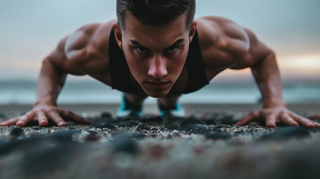 A close-up of a focused man doing push-ups on a sandy beach at sunrise. Fitness and determination concepts. - Powered by Adobe
