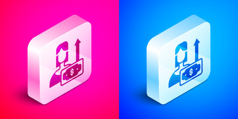 Isometric Money growth woman icon isolated on pink and blue background. Income concept. Business growth. Investing, savings and managing money concept. Silver square button. Vector