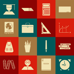 Set Alarm clock, Office folders with papers and documents, Pie chart infographic, Calculator, Briefcase, World map on school blackboard, Graduate graduation cap and Triangular ruler icon. Vector