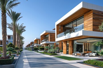 Modern luxury villas with sleek glass and wood exteriors line a sunny street with palm trees
