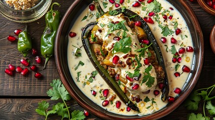 Festive Chiles en Nogada with Creamy Walnut Sauce and Pomegranate Seeds - Wide Shot