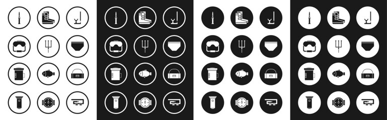 Set Snorkel, Neptune Trident, Diving mask, Army knife, Swimming trunks, Boots, Case box container for wobbler and Big flashlight diver icon. Vector