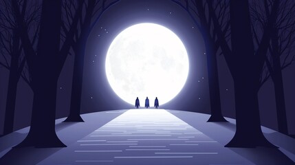 Naklejka premium A captivating ritual circle in a dense forest, with spectral figures performing an arcane ceremony under the light of a full moon, flat design illustration