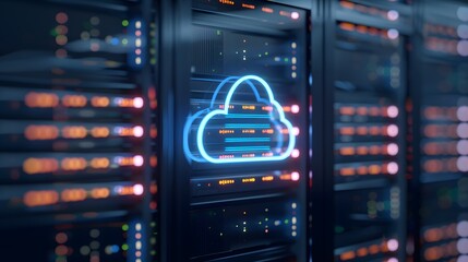 Server room with cloud computing technology, featuring glowing neon cloud symbol on a panel, illustrating data storage and digital infrastructure. 3D Illustration.