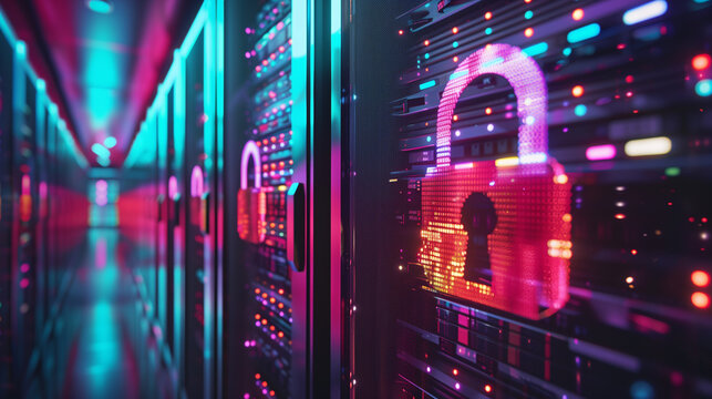 Data center server room with digital padlocks and colorful lights