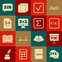 Set XYZ Coordinate system, Chalkboard, Function mathematical symbol, Square root, Equation solution, Test exam sheet, Mathematics function sine and Sigma icon. Vector