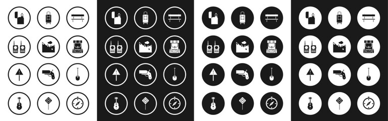 Set Bench, Mountains, Walkie talkie, Lighter, Hiking backpack, Suitcase, Shovel and Exclamation mark triangle icon. Vector