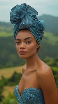 African American woman in blue strapless dress with gele Headwrap, Scenic mountain background