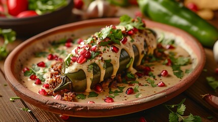 Festive Chiles en Nogada with Creamy Walnut Sauce and Pomegranate Seeds - Wide Shot