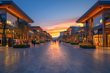 Modern architecture and luxury shopping in a vibrant city center at dusk