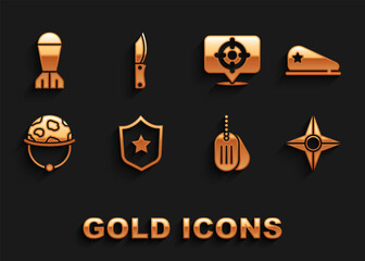 Set Military reward medal, beret, Japanese ninja shuriken, dog tag, helmet, Target sport, Aviation bomb and knife icon. Vector