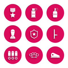 Set Military reward medal, Brass knuckles, beret, Police rubber baton, Bullet, Aviation bomb, Hand grenade and icon. Vector