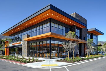 Modern commercial building with large glass windows and stone veneer