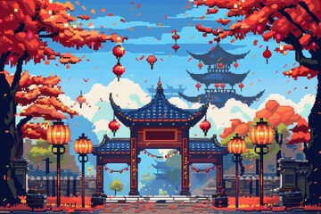 Fototapeta premium Pixel Art Chinese Street with Temple, Lanterns, and Trees, Celebrating Lunar New Year with 8-bit Retro Game Style, AI-Generated, Traditional Festival, Cultural, Chinese New Year, National Day, 4K High