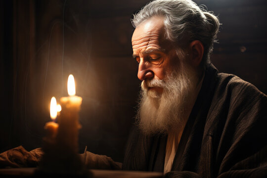 Religious jew reading torah in synagogue by candlelight, Rosh Hashanah,Judaism, Passover