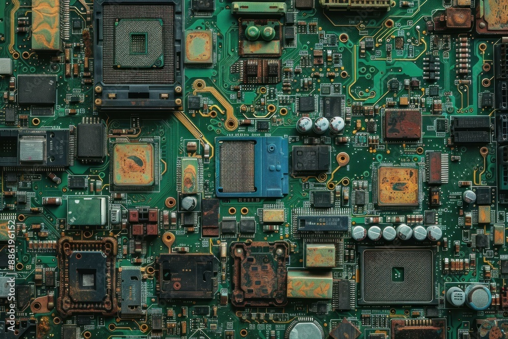Poster green printed circuit board with many different components forming an interesting technical pattern