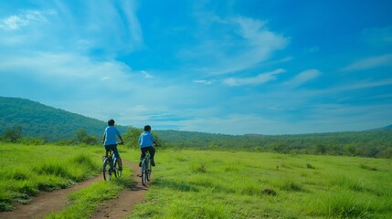 Two Friends Biking Through Scenic Green Hills Under a Clear Blue Sky