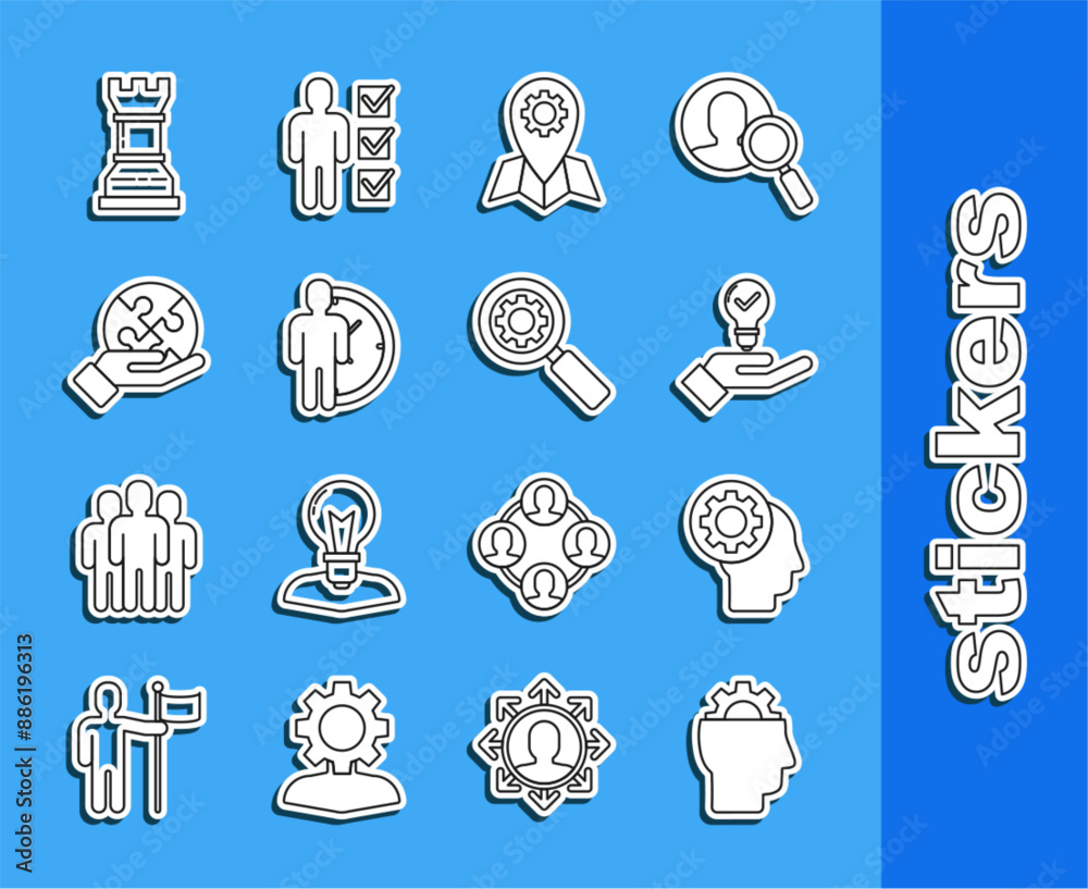 Wall mural Set line Human with gear inside, head, Light bulb hand, Location job, Time Management, Piece of puzzle, Business strategy and Magnifying glass icon. Vector