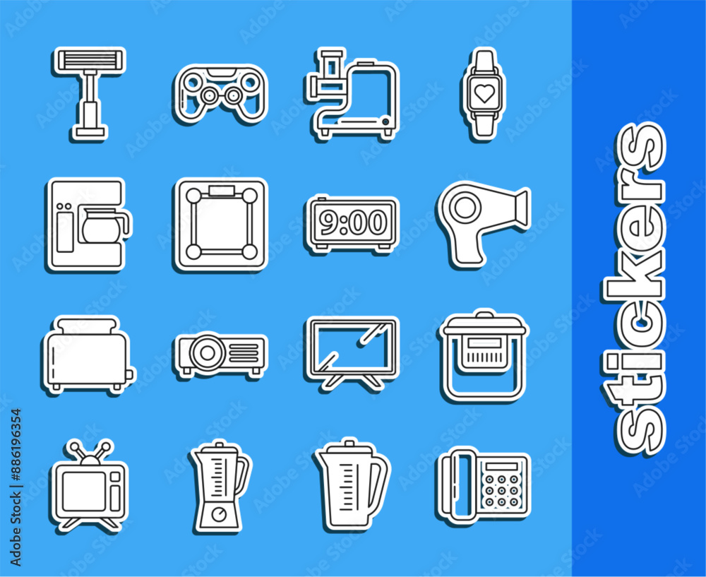 Sticker Set line Telephone, Slow cooker, Hair dryer, Kitchen meat grinder, Bathroom scales, Coffee machine with glass pot, Electric heater and Digital alarm clock icon. Vector