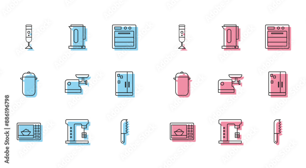 Sticker Set line Microwave oven, Electric mixer, Blender, Bread knife, Kitchen meat grinder, Refrigerator, Cooking pot and Kettle with handle icon. Vector