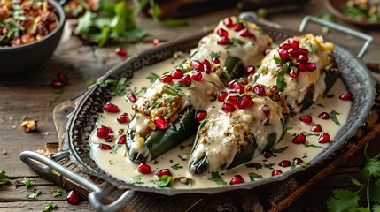 Festive Chiles en Nogada with Creamy Walnut Sauce and Pomegranate Seeds - Wide Shot