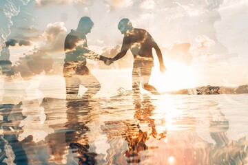 Double exposure photography of people helping each other on the beach, during the golden hour, with crystal clear water reflections. Photographs of people on the beach helping one another, in the styl