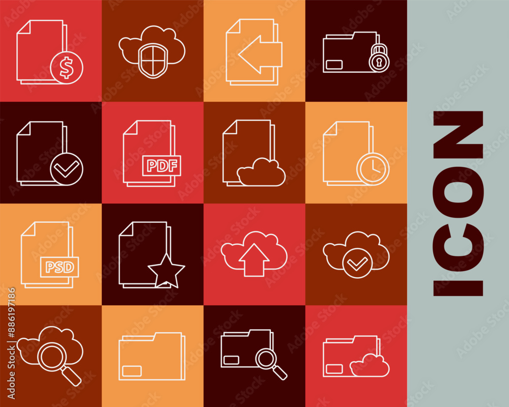 Poster set line cloud storage text document folder, with check mark, document clock, next page arrow, pdf f