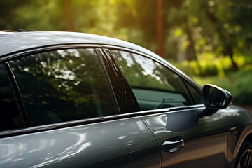 Obraz premium Close-up view of the side of a modern black car parked in the park