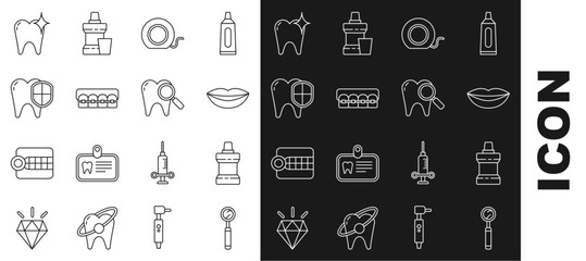 Set line Dental inspection mirror, Mouthwash plastic bottle, Smiling lips, floss, Teeth with braces, protection, Tooth whitening concept and search icon. Vector