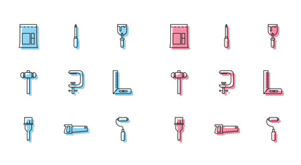 Set line Paint brush, Hand saw, Cement bag, roller, Clamp screw tool, Corner ruler, Sledgehammer and Screwdriver icon. Vector
