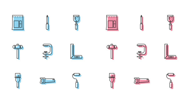 Set line Paint brush, Hand saw, Cement bag, roller, Clamp screw tool, Corner ruler, Sledgehammer and Screwdriver icon. Vector