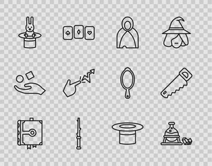 Set line Ancient magic book, Witch cauldron and stone, Mantle, cloak, cape, Magic wand, Magician hat rabbit, Spell, and Hand saw icon. Vector