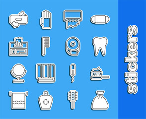 Set line Garbage bag, Toothbrush with toothpaste, Paper towel dispenser on wall, Hairbrush, Wet wipe pack, Bar of soap and Toilet paper roll icon. Vector