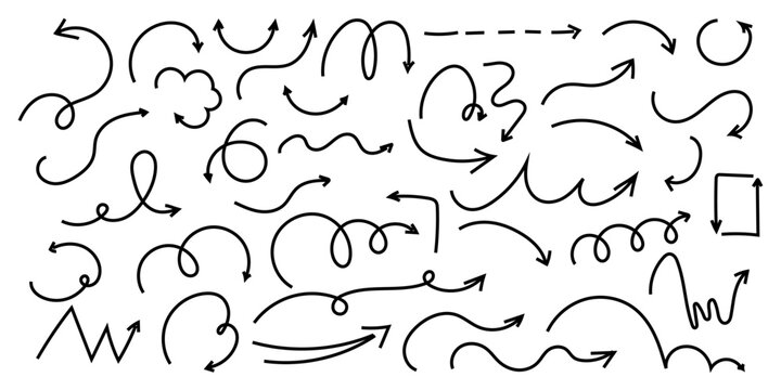 Spiral arrow doodle, wavy twist minimal squiggly line set. Curve comic turn way direction. Playful quirky simple free hand elements. 